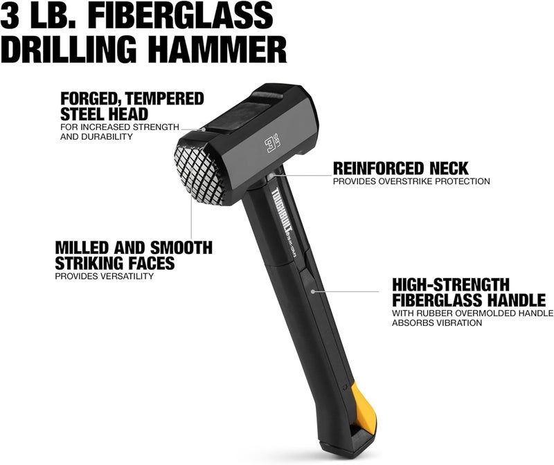 TOUGHBUILT – 3 lb. Fiberglass Drilling Hammer, Heavy-Duty Mini Sledge Hammer Drop-Forged Steel Head, Shock-Absorbing Fiberglass Handle, Precision Balance, Anti-Vibration Grip (TB-H1-1DR-F3) - Image 2